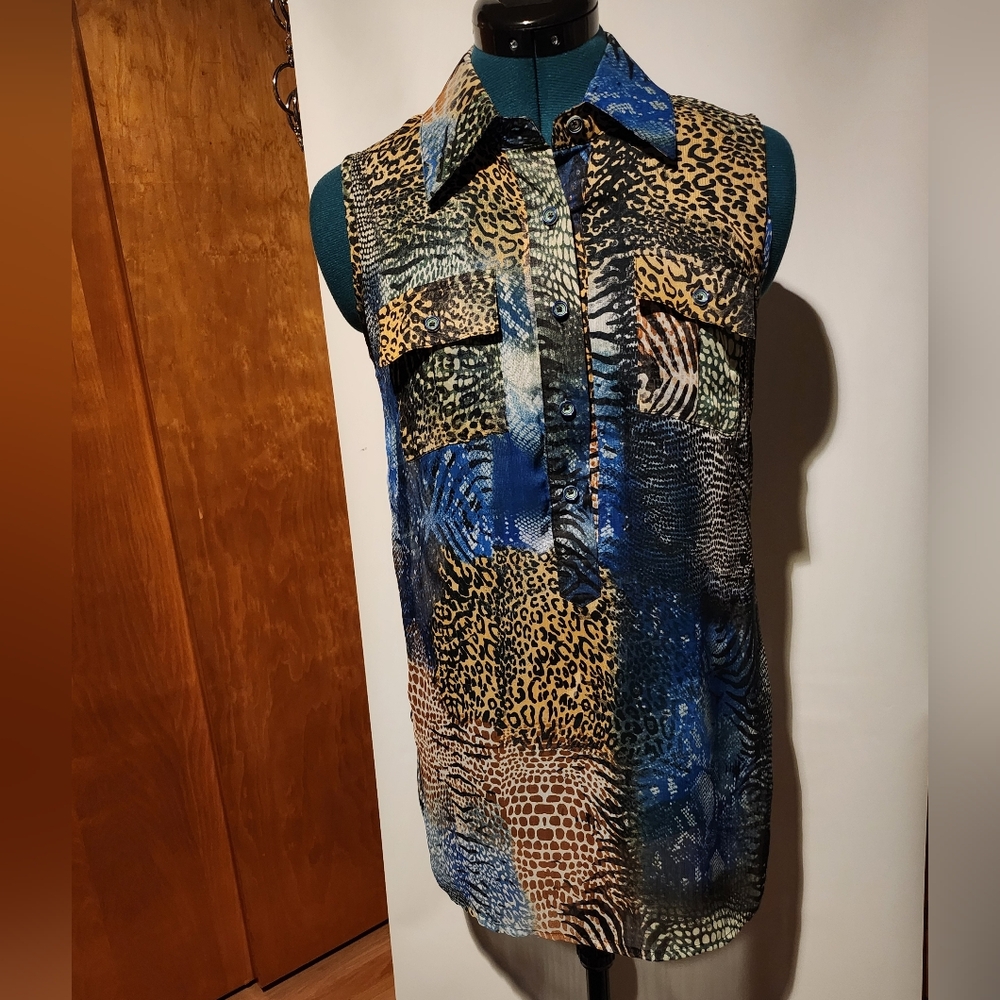 Christina Multicolor Animal Print Button Sleeveless Blouse